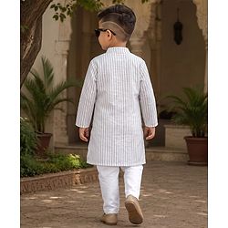 Babyhug 100% Cotton Woven Full Sleeves Striped Yarn Dyed Kurta & Pyjama Set - White & Grey