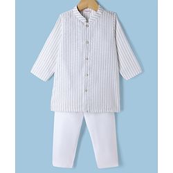 Babyhug 100% Cotton Woven Full Sleeves Striped Yarn Dyed Kurta & Pyjama Set - White & Grey