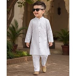 Babyhug 100% Cotton Woven Full Sleeves Striped Yarn Dyed Kurta & Pyjama Set - White & Grey