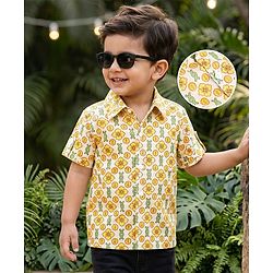 Babyhug 100% Cotton Cambric Woven Half Sleeves Floral Printed Shirt - Yellow