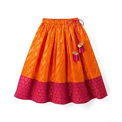 Babyhug Brocade Woven Short Sleeves Sequinned Choli Lahenga Set - Dark Pink & Orange