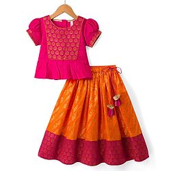 Babyhug Brocade Woven Short Sleeves Sequinned Choli Lahenga Set - Dark Pink & Orange