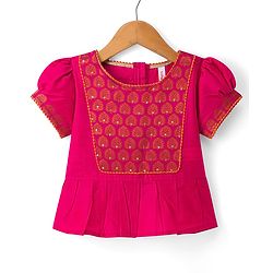 Babyhug Brocade Woven Short Sleeves Sequinned Choli Lahenga Set - Dark Pink & Orange