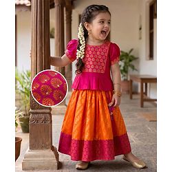 Babyhug Brocade Woven Short Sleeves Sequinned Choli Lahenga Set - Dark Pink & Orange