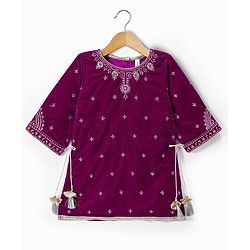 Babyhug Chanderi Woven Three Fourth Sleeves Floral Embroidered Kurti Salwar Set with Dupatta - Wine