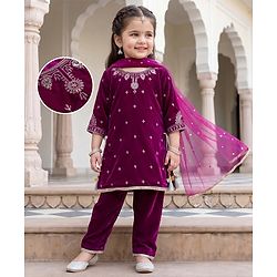 Babyhug Chanderi Woven Three Fourth Sleeves Floral Embroidered Kurti Salwar Set with Dupatta - Wine