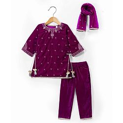 Babyhug Chanderi Woven Three Fourth Sleeves Floral Embroidered Kurti Salwar Set with Dupatta - Wine
