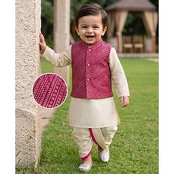 Babyhug Woven Full Sleeves Solid Colour Dhoti Kurta Set With Foil Printed Jacket - Beige & Dark Pink