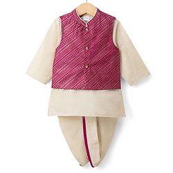Babyhug Woven Full Sleeves Solid Colour Dhoti Kurta Set With Foil Printed Jacket - Beige & Dark Pink