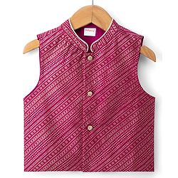 Babyhug Woven Full Sleeves Solid Colour Dhoti Kurta Set With Foil Printed Jacket - Beige & Dark Pink
