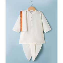Babyhug Woven Full Sleeves Solid Colour Kurta Dhoti Mundu Set with Dupatta - Off White