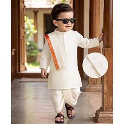 Babyhug Woven Full Sleeves Solid Colour Kurta Dhoti Mundu Set with Dupatta - Off White