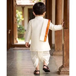 Babyhug Woven Full Sleeves Solid Colour Kurta Dhoti Mundu Set with Dupatta - Off White