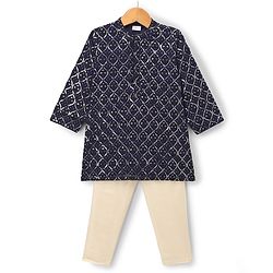Babyhug Georgett Woven Full Sleeves Embroidered Kurta Pyjama Set With Sequin Detailing - Navy Blue