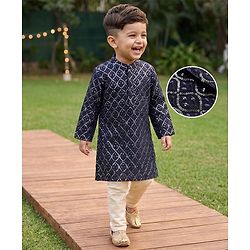 Babyhug Georgett Woven Full Sleeves Embroidered Kurta Pyjama Set With Sequin Detailing - Navy Blue