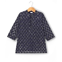Babyhug Georgett Woven Full Sleeves Embroidered Kurta Pyjama Set With Sequin Detailing - Navy Blue