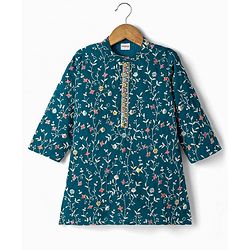 Babyhug Georgette Woven Full Sleeves Floral Embroidered  Kurta Dhoti Set - Teal Blue
