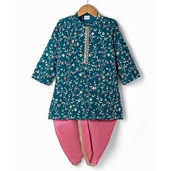 Babyhug Georgette Woven Full Sleeves Floral Embroidered  Kurta Dhoti Set - Teal Blue
