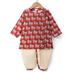 Babyhug 100% Cotton Cambric Woven Full Sleeves Horse Printed Kurta Dhoti Set - Red