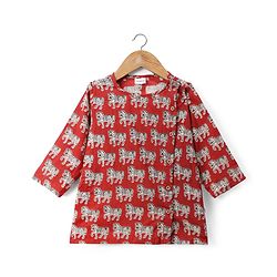 Babyhug 100% Cotton Cambric Woven Full Sleeves Horse Printed Kurta Dhoti Set - Red