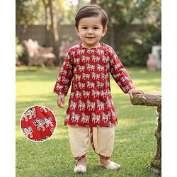 Babyhug 100% Cotton Cambric Woven Full Sleeves Horse Printed Kurta Dhoti Set - Red