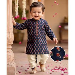 Babyhug 100% Cotton Woven Full Sleeves Floral Printed Kurta & Dhoti Set - Navy Blue