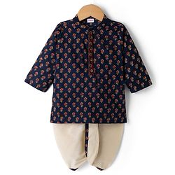 Babyhug 100% Cotton Woven Full Sleeves Floral Printed Kurta & Dhoti Set - Navy Blue