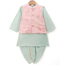 Babyhug Cotton Blend Woven Full Sleeves Boyssolid Dhoti Kurta Set With Jungle Safari Theme Embroidered Jacket - Light Green