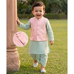 Babyhug Cotton Blend Woven Full Sleeves Boyssolid Dhoti Kurta Set With Jungle Safari Theme Embroidered Jacket - Light Green