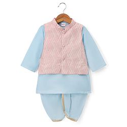 Babyhug Cotton Blend Woven Full Sleeves Boyssolid Dhoti Kurta Set With Embroidered Jacket - Light Blue