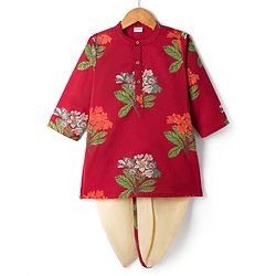 Babyhug 100% Cotton Woven Full Sleeves Floral Printed Kurta & Dhoti Set - Red