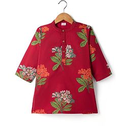 Babyhug 100% Cotton Woven Full Sleeves Floral Printed Kurta & Dhoti Set - Red