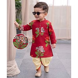 Babyhug 100% Cotton Woven Full Sleeves Floral Printed Kurta & Dhoti Set - Red
