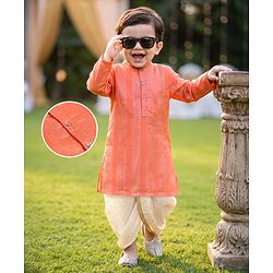 Babyhug Cotton Blend Woven Full Sleeves Dobby Dhoti Kurta Set With Zari Work - Orange