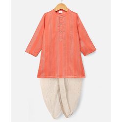 Babyhug Cotton Blend Woven Full Sleeves Dobby Dhoti Kurta Set With Zari Work - Orange