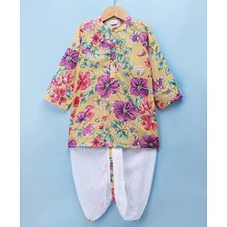 Babyhug Cambric Woven Full Sleeves Floral Printed Kurta & Dhoti Set - Yellow