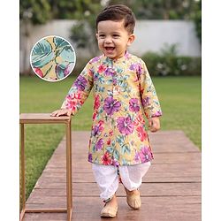Babyhug Cambric Woven Full Sleeves Floral Printed Kurta & Dhoti Set - Yellow