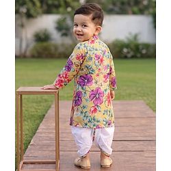 Babyhug Cambric Woven Full Sleeves Floral Printed Kurta & Dhoti Set - Yellow