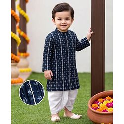 Babyhug 100% Cotton Cambric Woven Full Sleeves Pintucked Floral Printed Kurta Dhoti Set - Blue