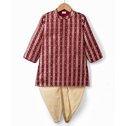 Babyhug Brocade Woven Full Sleeves Striped & Foil Printed Kurta & Dhoti Set - Maroon