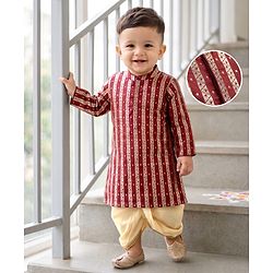 Babyhug Brocade Woven Full Sleeves Striped & Foil Printed Kurta & Dhoti Set - Maroon
