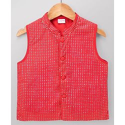 Babyhug Cotton Blend Woven Full Sleeves Solid Kurta Pyjama Set With Sequenced Detailing Jacket - Red & Beige