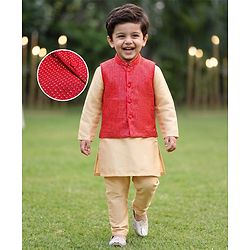 Babyhug Cotton Blend Woven Full Sleeves Solid Kurta Pyjama Set With Sequenced Detailing Jacket - Red & Beige