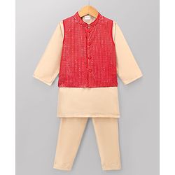 Babyhug Cotton Blend Woven Full Sleeves Solid Kurta Pyjama Set With Sequenced Detailing Jacket - Red & Beige