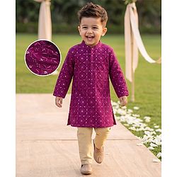 Babyhug Georgette Woven Full Sleeves Floral Embroidered & Sequinned Kurta Pajama Set - Wine