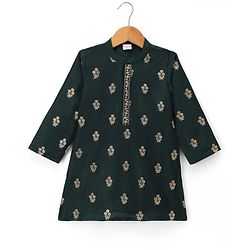 Babyhug Chanderi Woven Full Sleeves Floral Embroidered Kurta Pajama Set - Dark Green