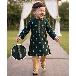 Babyhug Chanderi Woven Full Sleeves Floral Embroidered Kurta Pajama Set - Dark Green