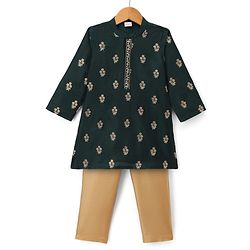 Babyhug Chanderi Woven Full Sleeves Floral Embroidered Kurta Pajama Set - Dark Green