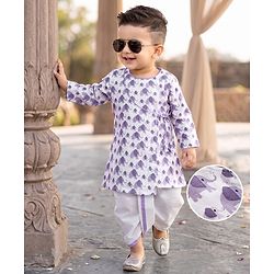 Babyhug 100% Cotton Cambric Woven Full Sleeves Kurta Dhoti Set with Elephant Print - White