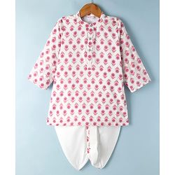 Babyhug 100% Cotton Cambric Woven Full Sleeves Floral Printed Kurta & Dhoti Set - White